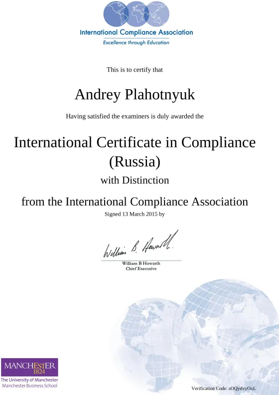International Certificate in Compliance, with Distinction — International Compliance Association